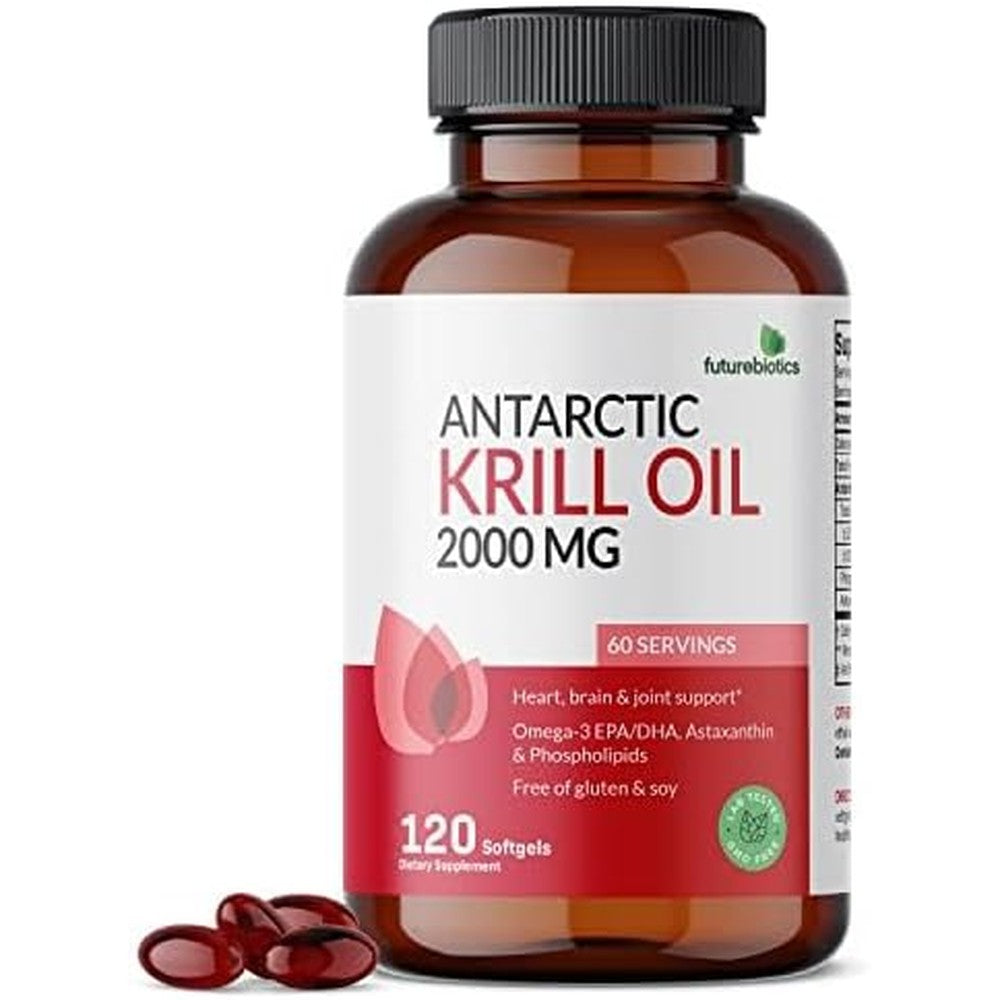 Futurebiotics Antarctic Krill Oil 2000mg front view of bottle containing 120 softgels for omega 3 heart support