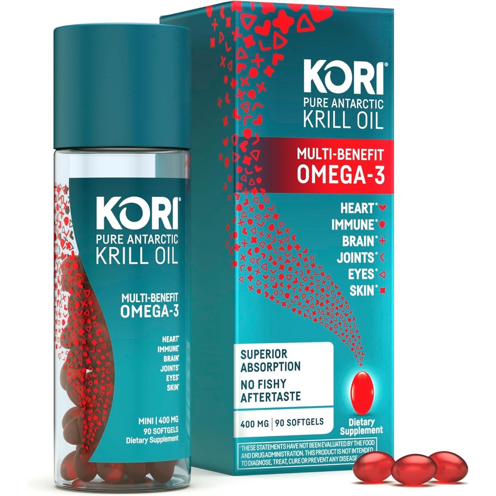 Kori Pure Antarctic Krill Oil 400 Milligram 90 Softgels front bottle view for heart and joint health.