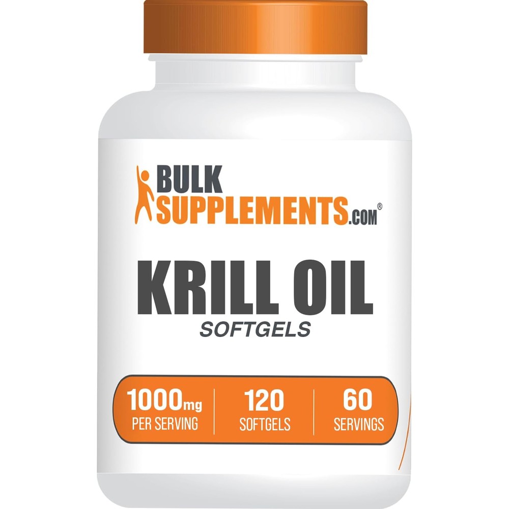 BulkSupplements Krill Oil 1000mg front view of the 120 softgels supplement bottle for omega 3 nutrition.