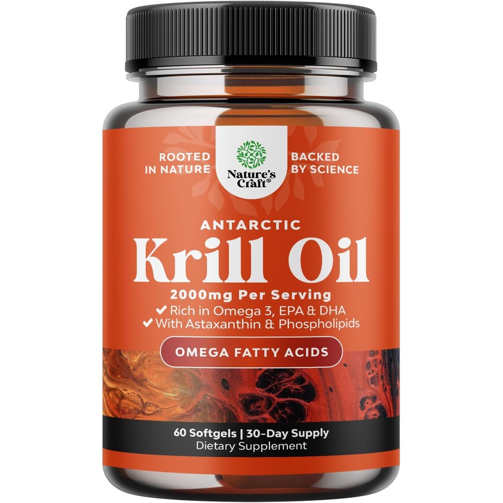 Natures Craft Antarctic Krill Oil 2000 Mg 60 Softgels front bottle view showing premium omega 3 supplement.
