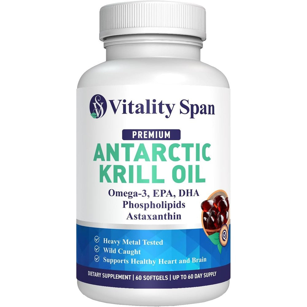 Vitality Span Antarctic Krill Oil 500mg front view of the 60 softgels dietary supplement bottle.
