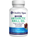Vitality Span Antarctic Krill Oil 500mg front view of the 60 softgels dietary supplement bottle.