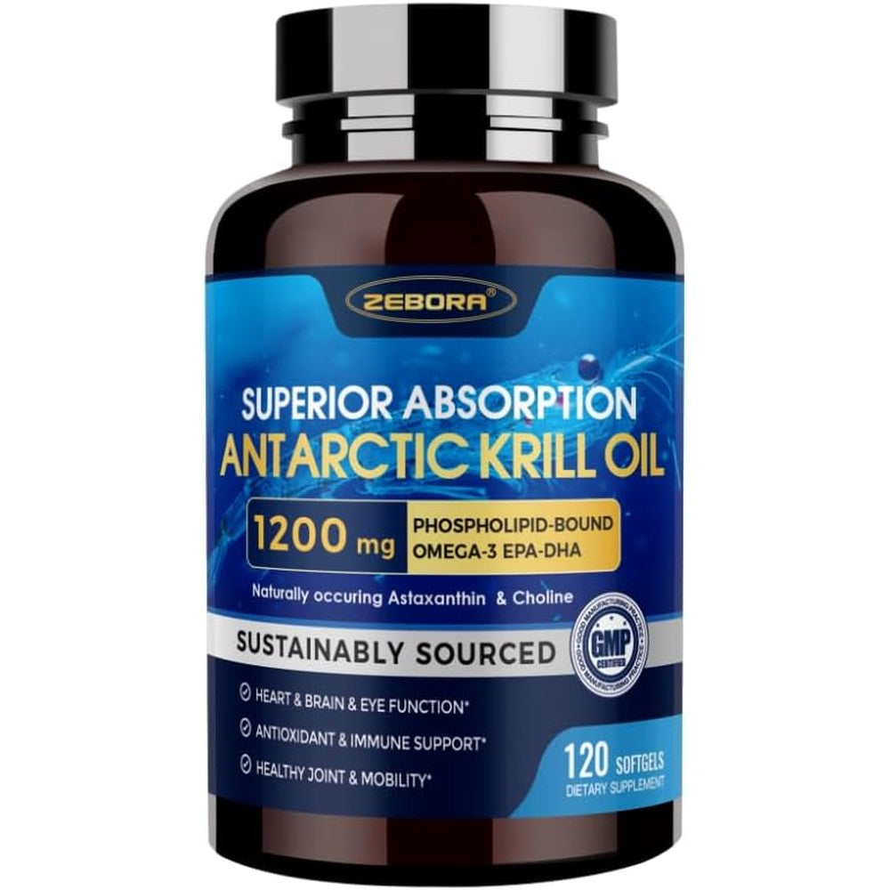 Zebora Antarctic Krill Oil 1200 Milligrams 120 softgels front bottle view showing omega three supplement packaging