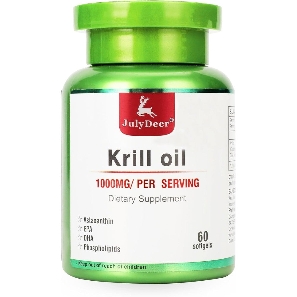JulyDeer Antarctic Krill Oil 1000 Milligrams bottle front view showing authentic omega 3 supplement label.
