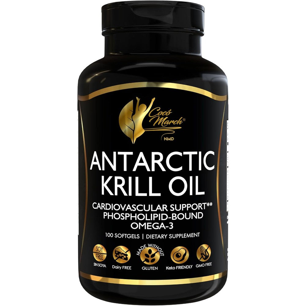 Cocó March NMD Pure Antarctic Krill Oil 1000mg front view of the premium supplement bottle for heart and joint health.