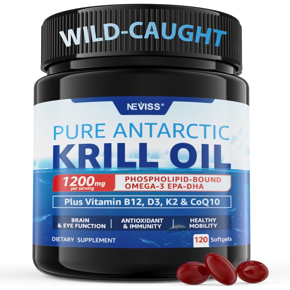 NEVISS Antarctic Krill Oil 1200 mg 120 softgels front bottle view showing omega 3 supplement facts.