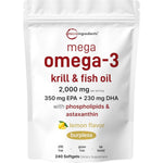 Micro Ingredients Mega Omega 3 Krill And Fish Oil 240 softgels front view pouch packaging.