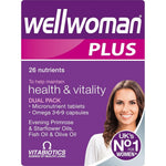Vitabiotics Wellwoman Plus multivitamin and Omega 3-6-9 tablets front view