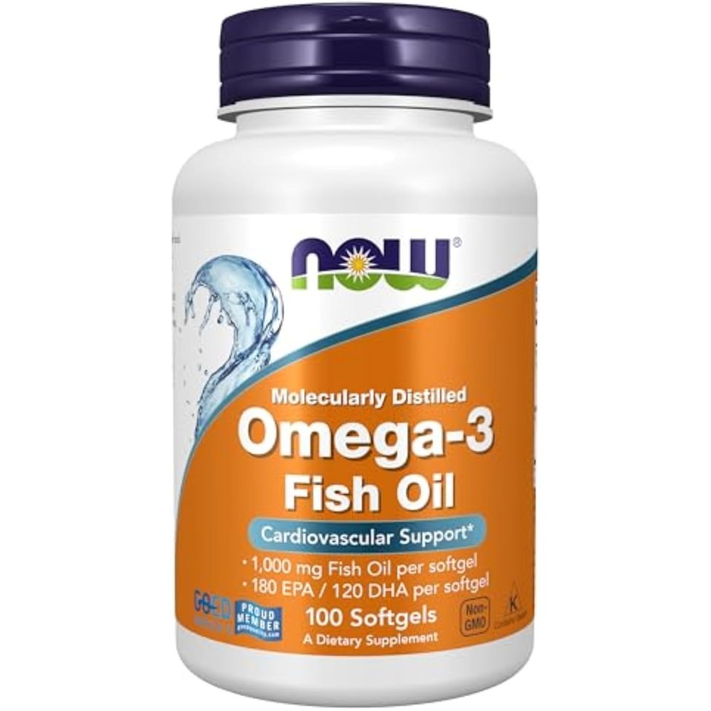 NOW Foods Omega 3 1000mg fish oil cardiovascular support 100 softgels bottle front view