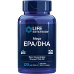 Life Extension Mega EPA DHA 120 Softgels blue bottle front view showcasing concentrated omega 3 fish oil for heart health.