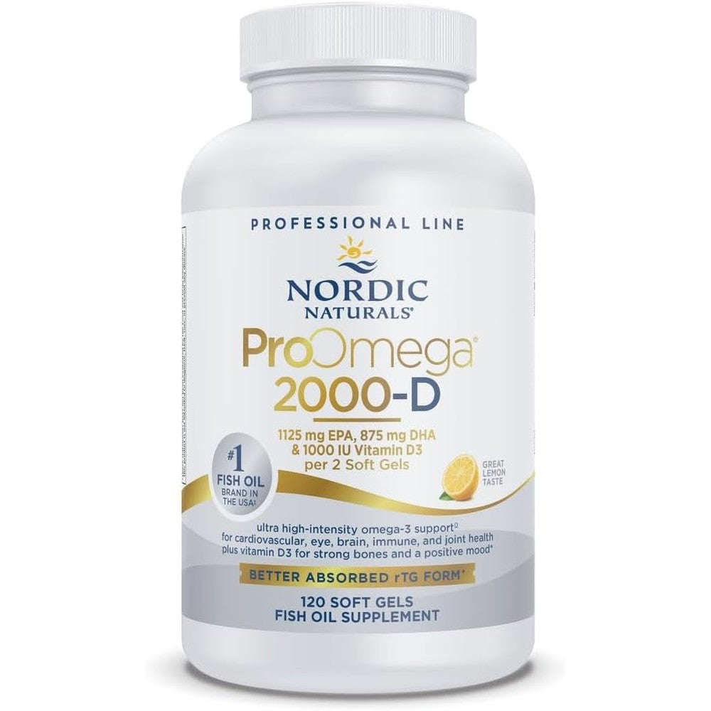 Nordic Naturals ProOmega 2000-D 120 softgels front bottle view showing high potency omega 3 nutritional facts