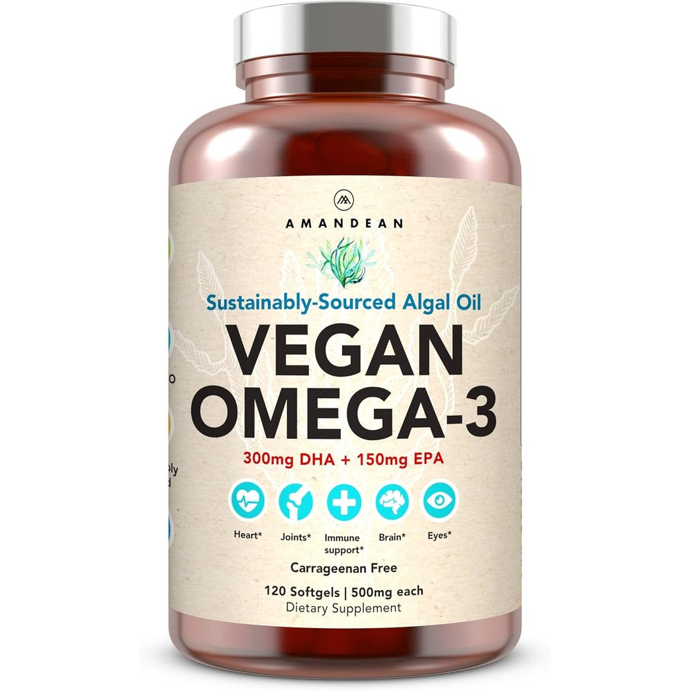 AMANDEAN Vegan Omega 3 Algae Plant Based 120 Softgels front bottle view showing algal oil plant based supplement details.