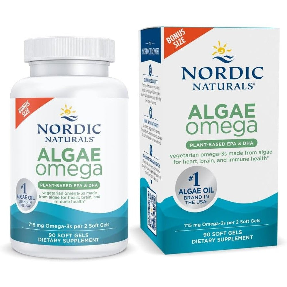 Nordic Naturals Algae Omega 90 veggie softgels front bottle view showing vegan certified omega-3 supplement.