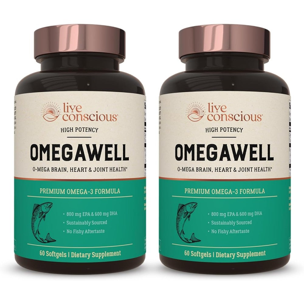 Live Conscious OmegaWell Fish Oil front view bottle showing premium 120 softgels packaging
