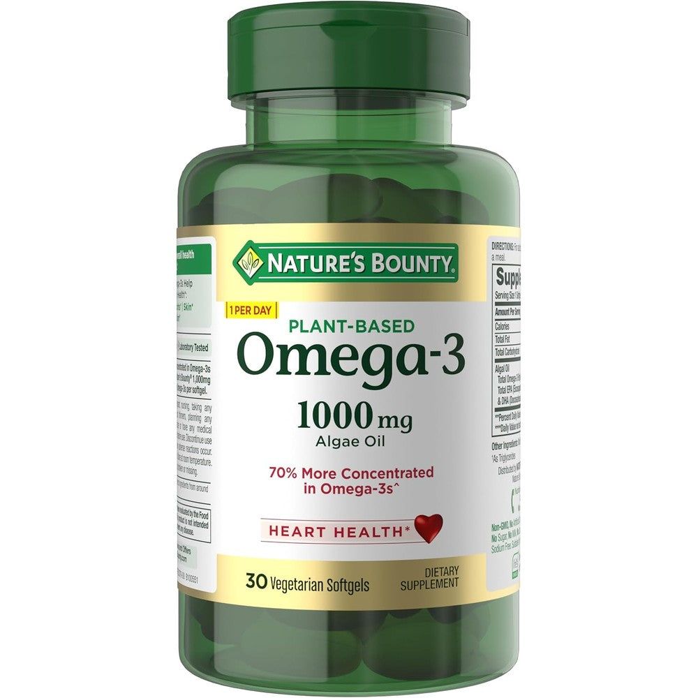 Nature's Bounty Plant Based Omega 3 front bottle view showcasing premium vegetarian algae oil softgels.