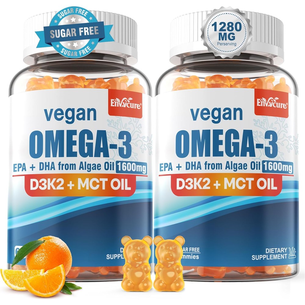 Envycure Vegan Omega 3 Gummies 1280mg front view of bottle containing 120 orange flavored gummies