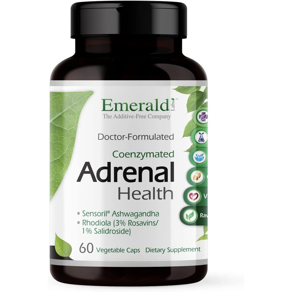 Emerald Labs Adrenal Health 60 vegetable capsules front bottle view for stress relief.