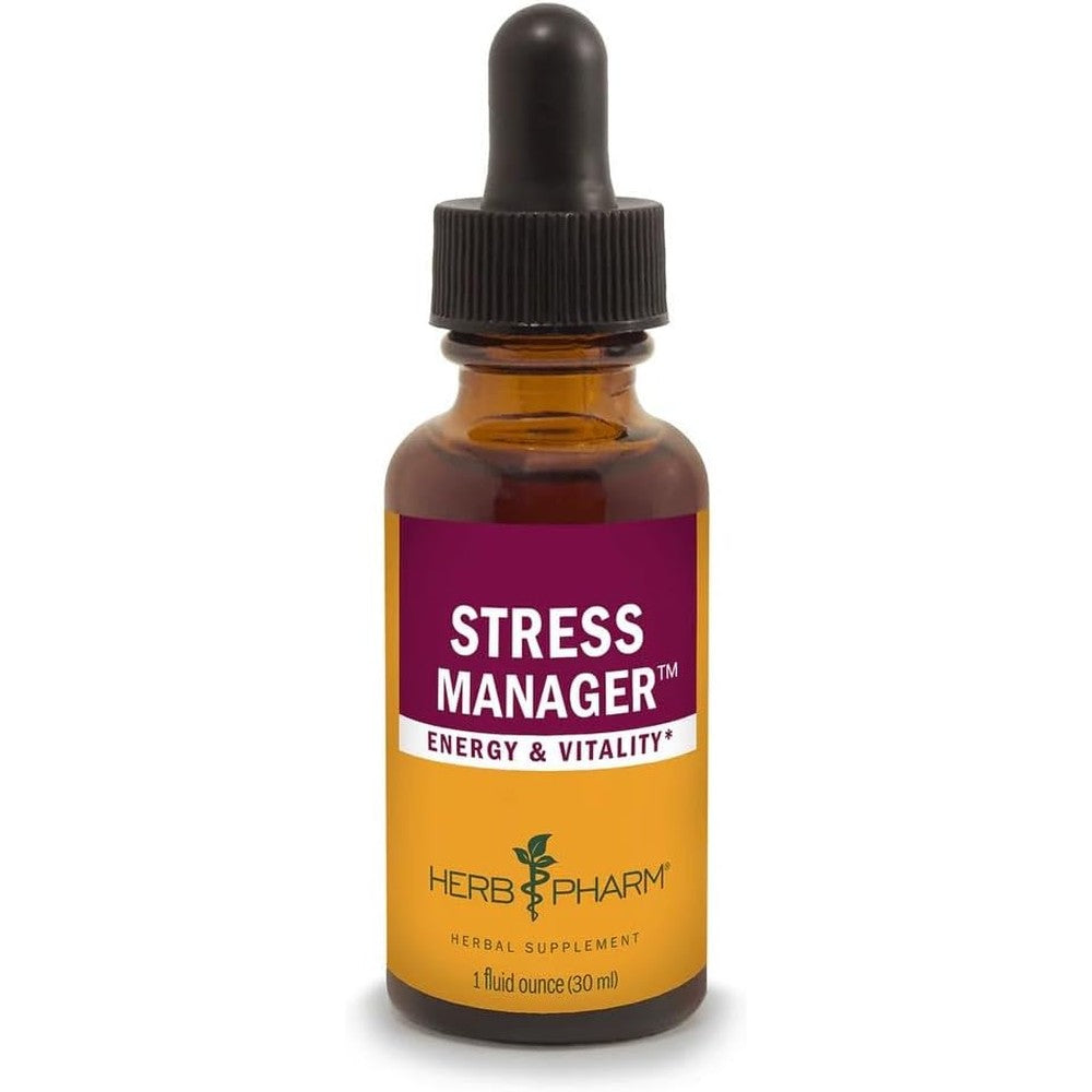 Herb Pharm Stress Manager Adaptogenic Tincture front view liquid herbal supplement for natural stress relief.