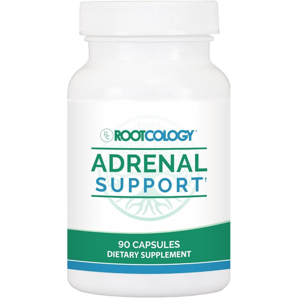 Rootcology Adrenal Support 90 capsules front view showing adaptogenic supplement packaging.
