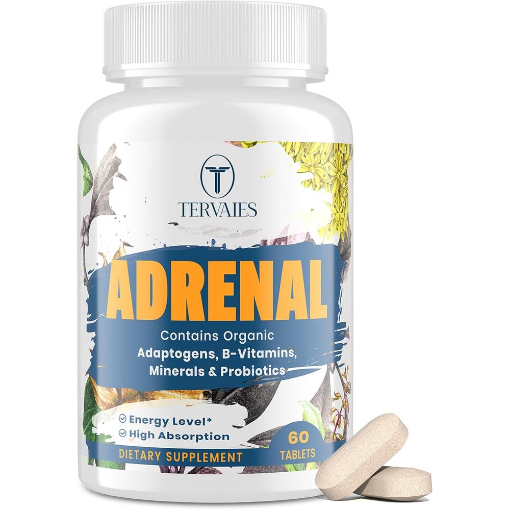 Tervaies Adaptogen Herbal Supplement front view showing the 60 vegan tablets bottle for stress relief.
