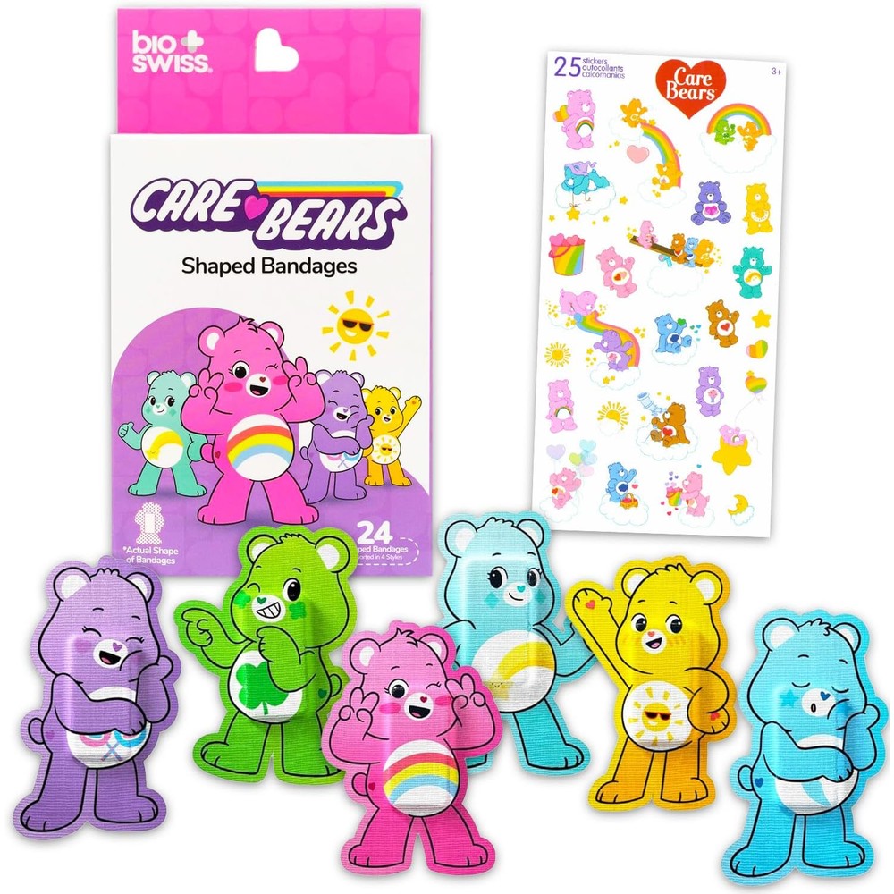 Care Bears Shaped Bandages Set for Kids - Bundle Includes 2 Boxes of 24 Count Colorful Adhesives and Stickers | Care Bears First Aid Kit Supplies for Girls, Boys