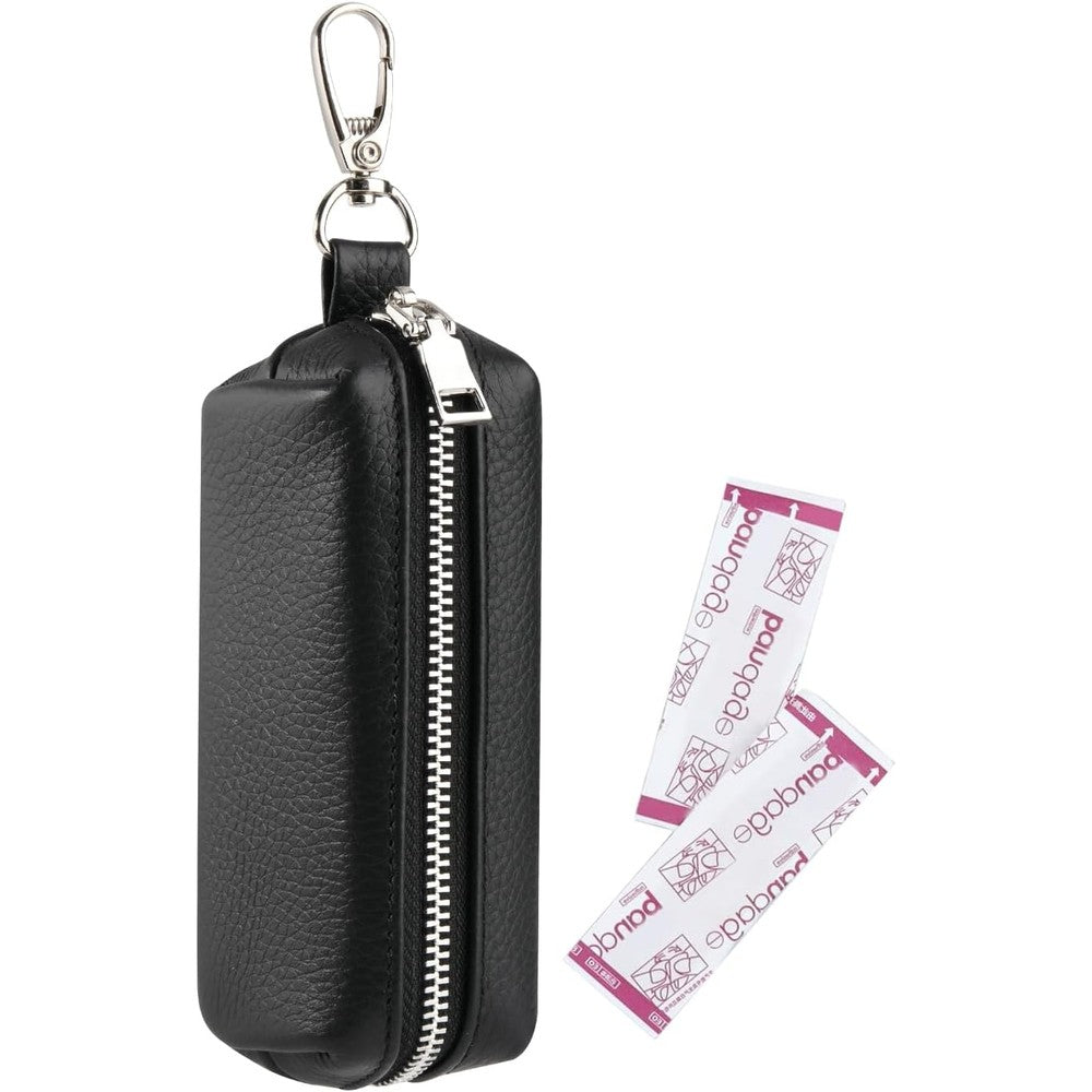 Beautyflier First Aid Bandage Holder Keychain front view in black PU leather
