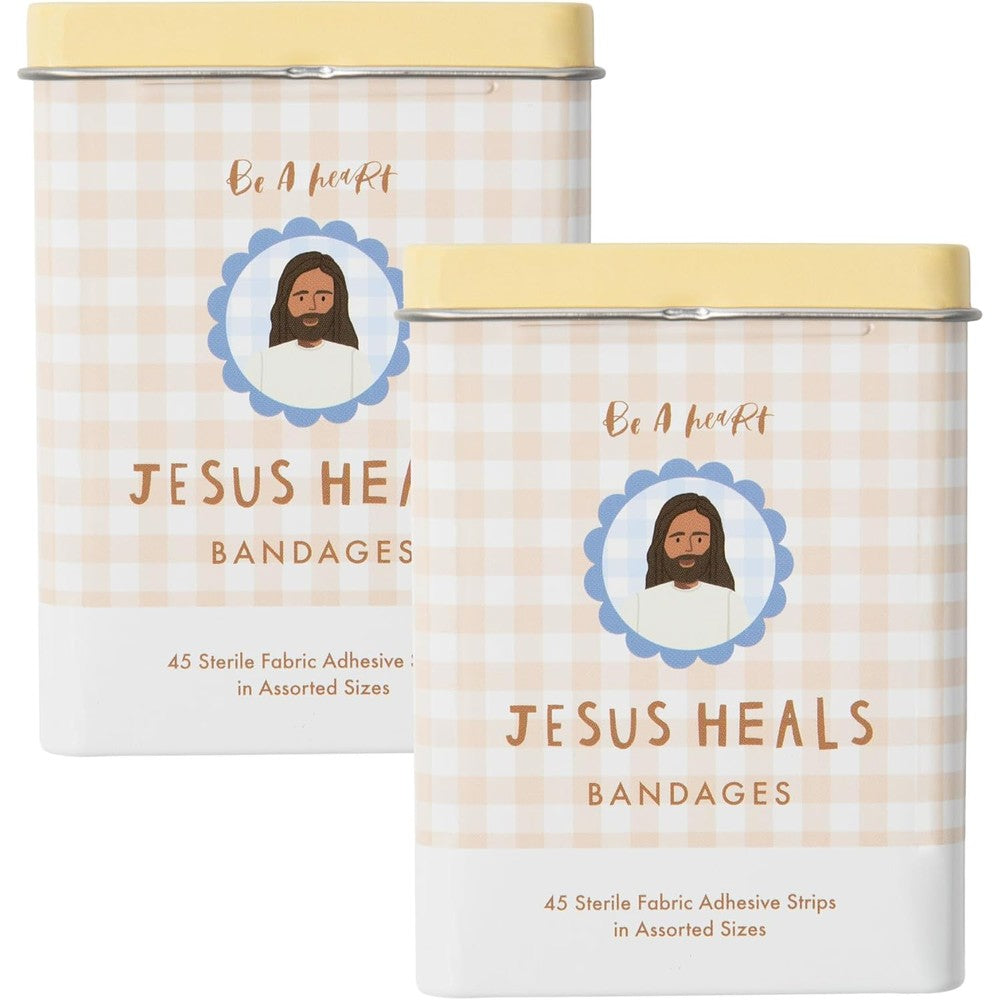 Be A Heart Jesus Heals Bandages Cottage Collection front view of two decorative tins.