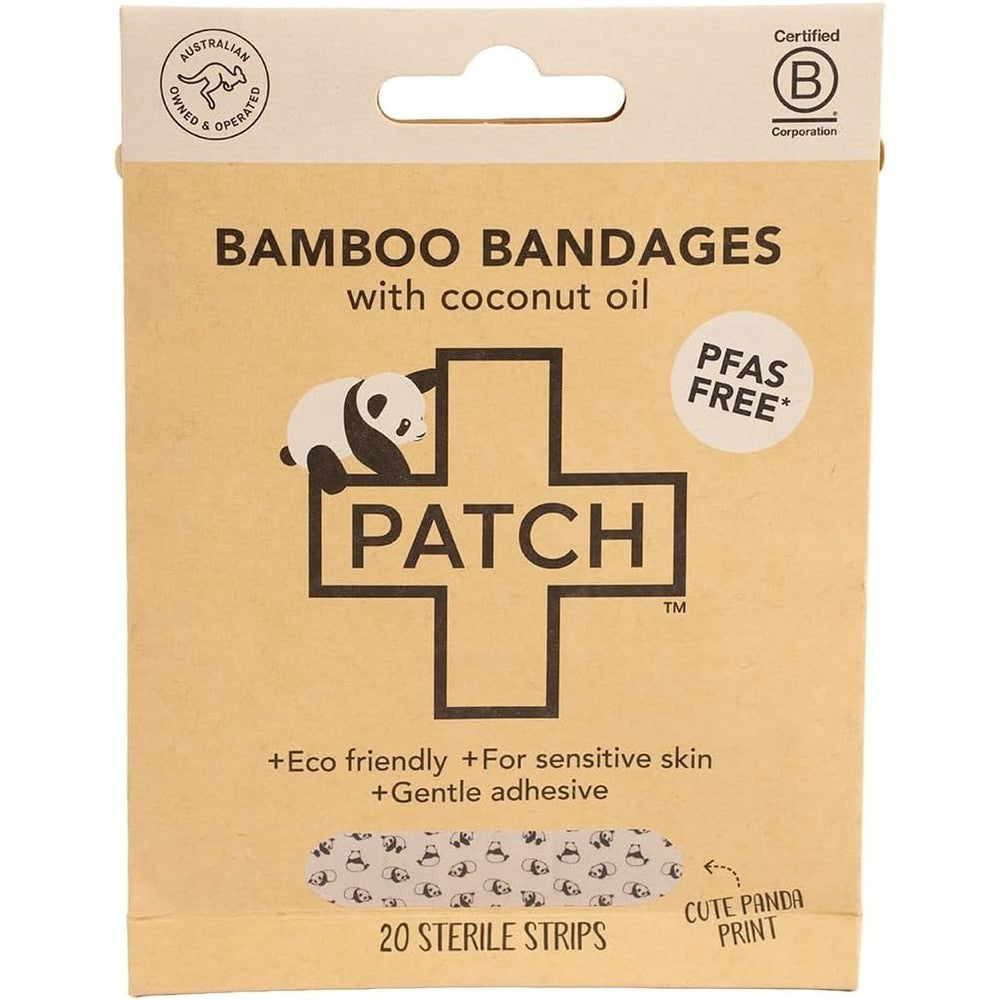 PATCH Bamboo Sensitive Skin Bandages front view of 20 count tube packaging.