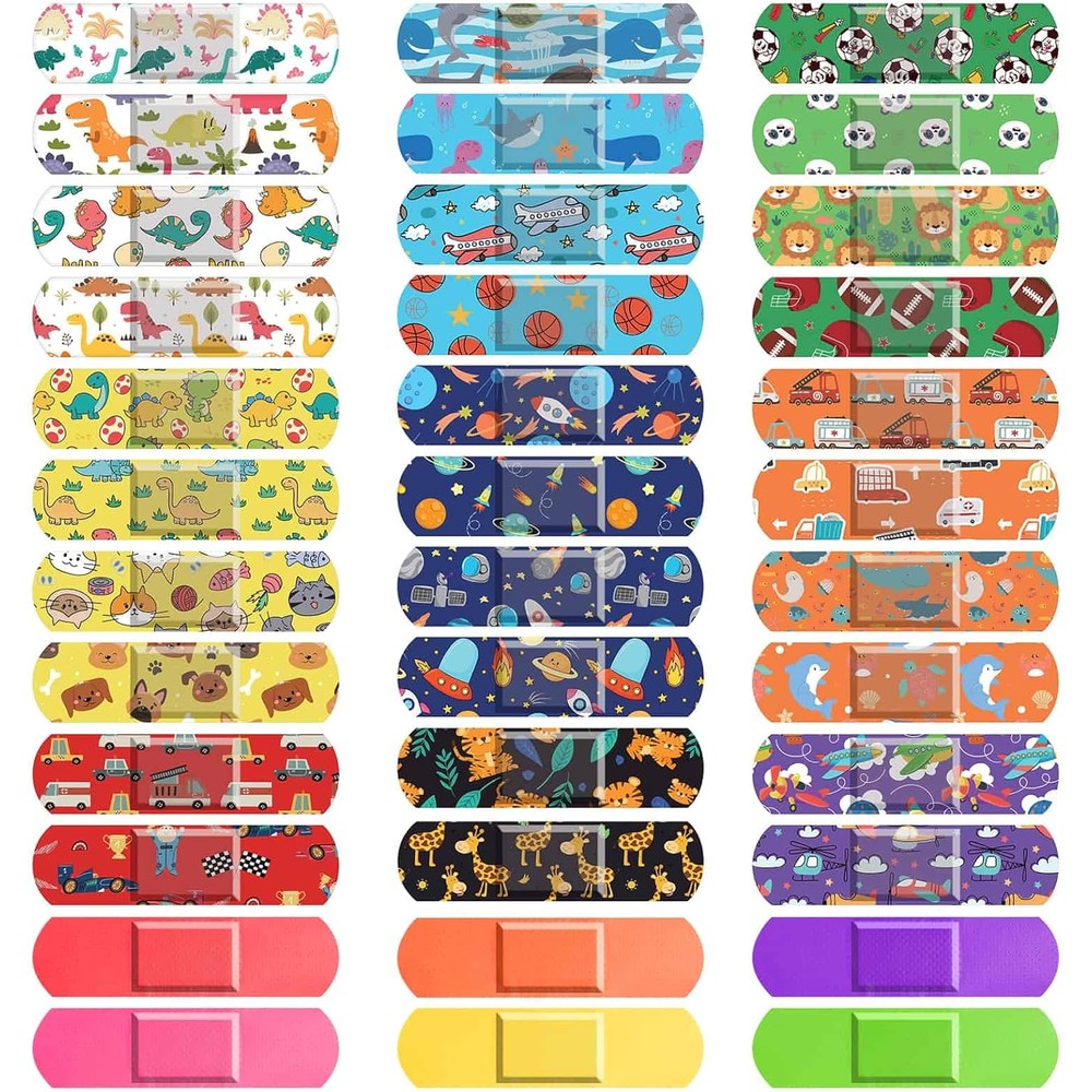 Flasoo Kids Cartoon Bandages 360 piece box front view showing assorted colorful designs.