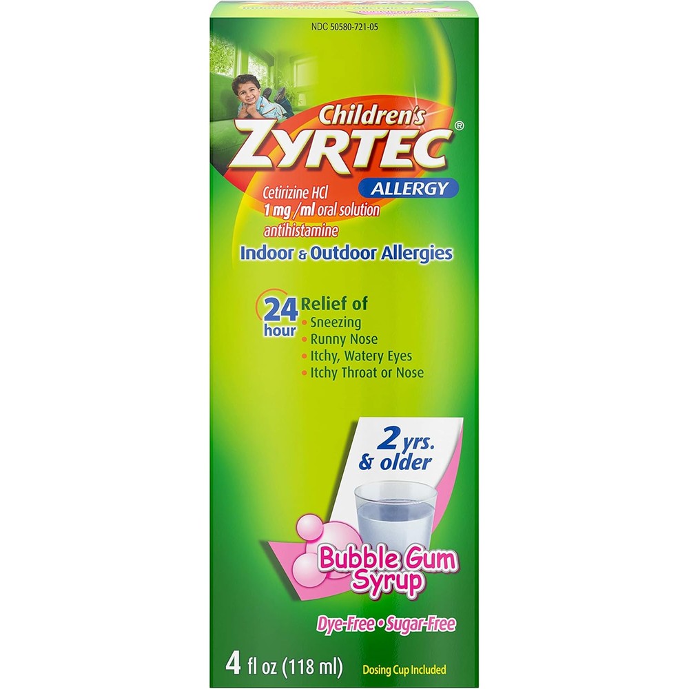 Zyrtec Childrens Allergy Relief Syrup front view 4 ounce bottle for pediatric allergy care.