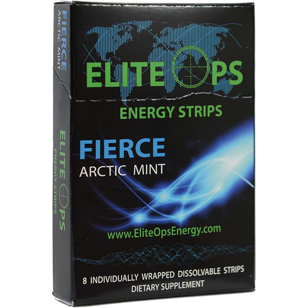 Elite Ops Energy Strips 8 Count front packaging showing caffeine and B-vitamin content.