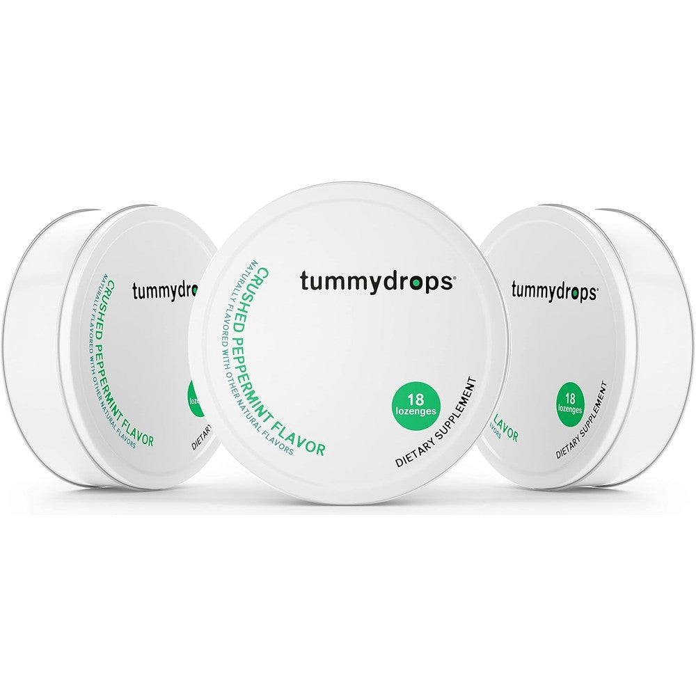 Tummy Drops Fresh Crushed Peppermint 3 Tin Pack front view for nausea relief.