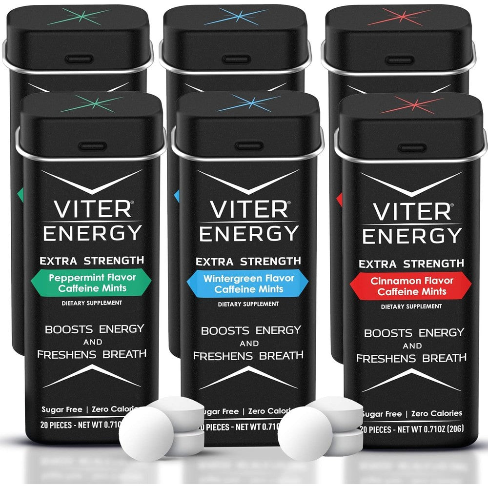 Viter Energy Extra Strength Caffeinated Mints front view of variety pack tins.