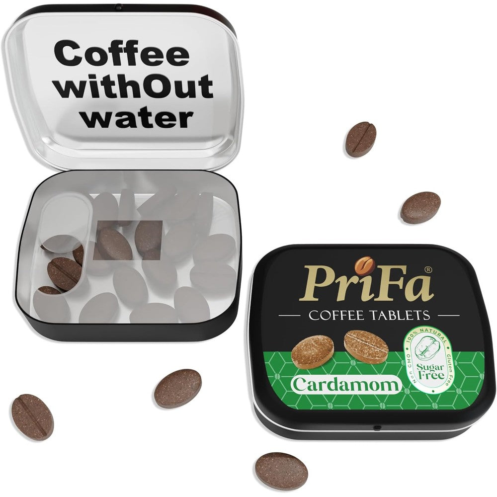 Prifa Coffee Tablets Cardamom flavor tin front view for instant energy.