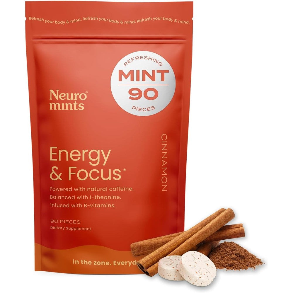 NeuroGum Energy and Focus Mints Cinnamon 90 Count Bag front view for cognitive performance.