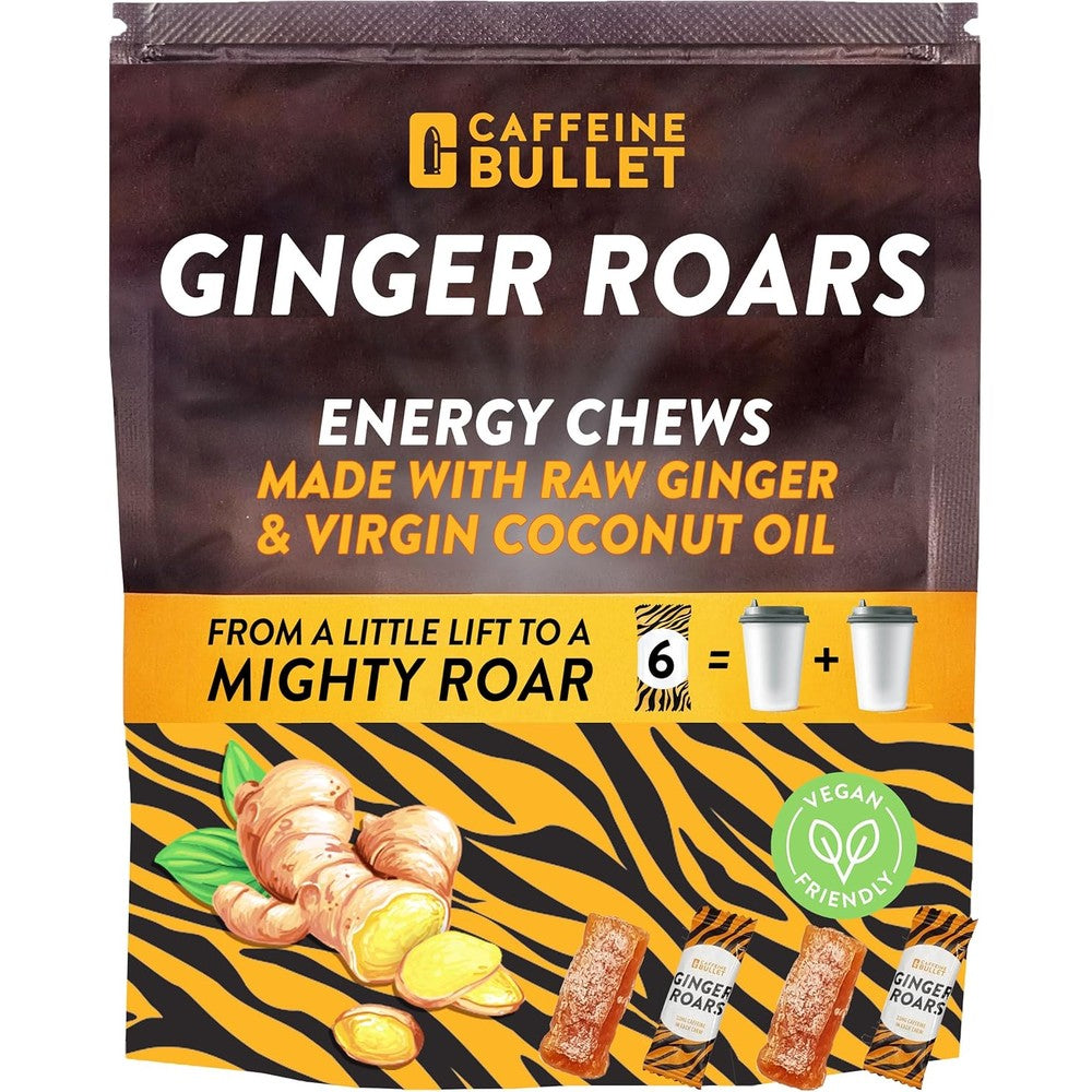 Caffeine Bullet Ginger Roars 12 servings pack front view energy chews.