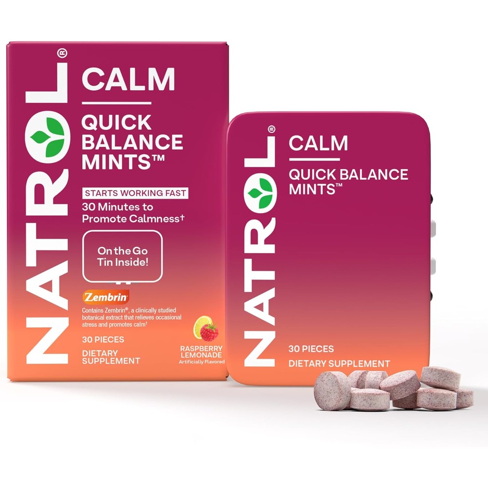Natrol Quick Balance Calm Mints with Zembrin front view stress relief supplement