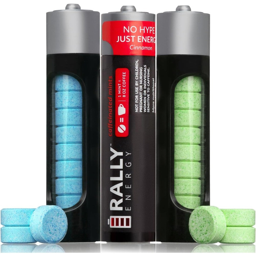Rally Energy Caffeine Mints front view of variety pack tubes for instant energy.