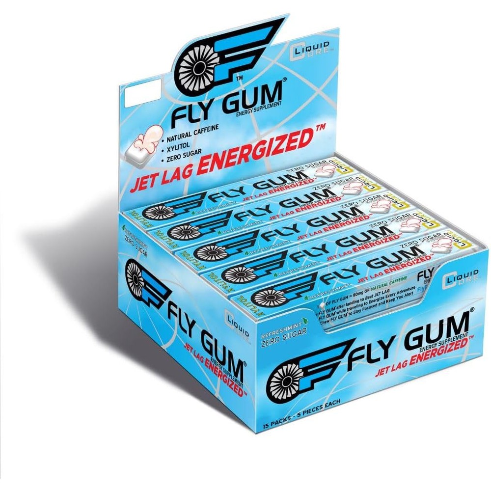 Liquid Core Fly Gum 15 pack box front view containing 75 pieces of caffeinated energy gum.