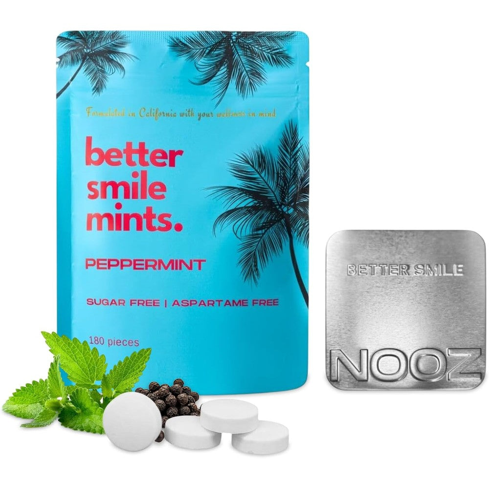 NOOZ Better Smile Mints 180 count pouch and refillable tin front view