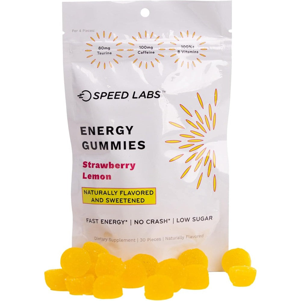 Speed Labs Caffeine Energy Gummies Strawberry Lemon front pouch view for fast-acting energy.