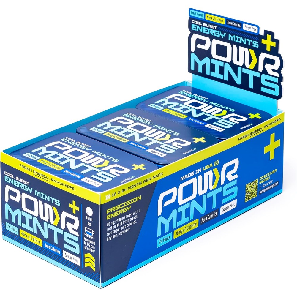 POWR Energy Mints 12 tin bundle front view showing natural mint flavor