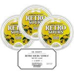 Dr. Variety Retro Sours Citrus Lemon Candy 3-Pack front view of nostalgic yellow tins.