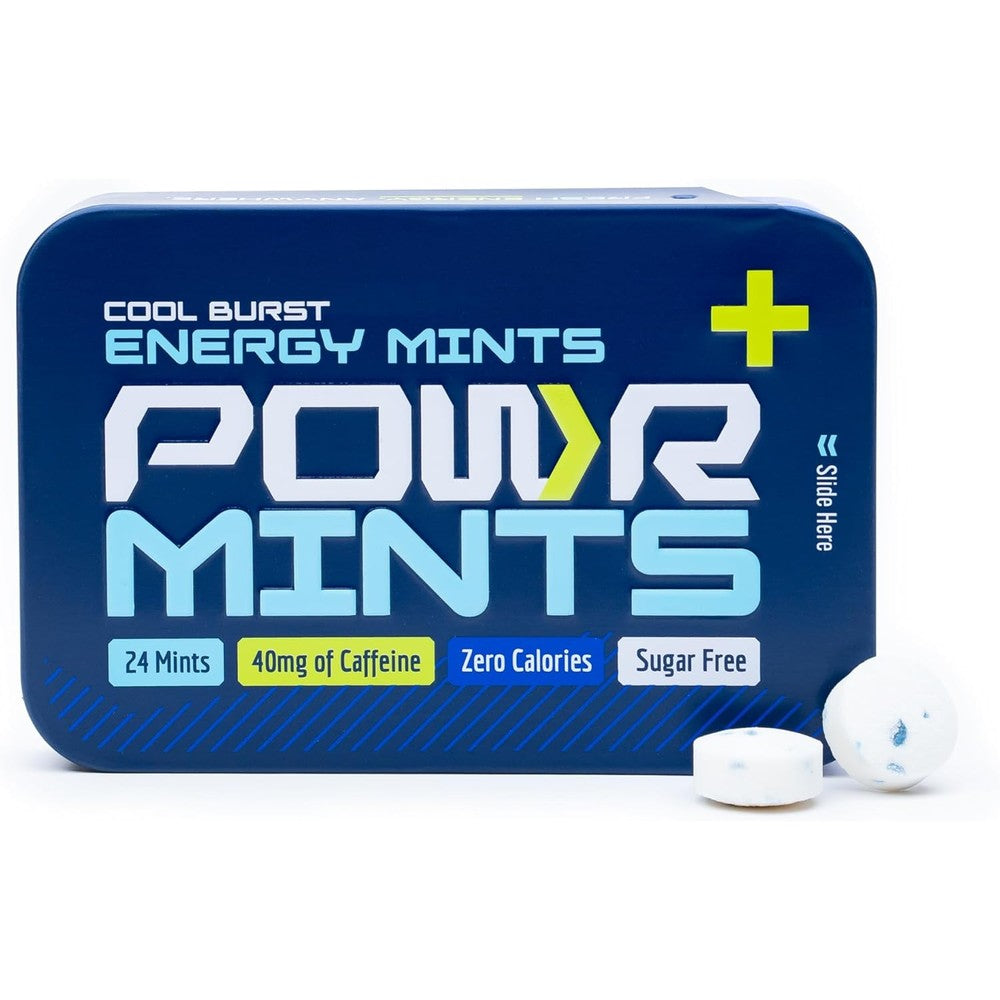 POWR Energy Mints Cool Burst tin front view for natural caffeine boost