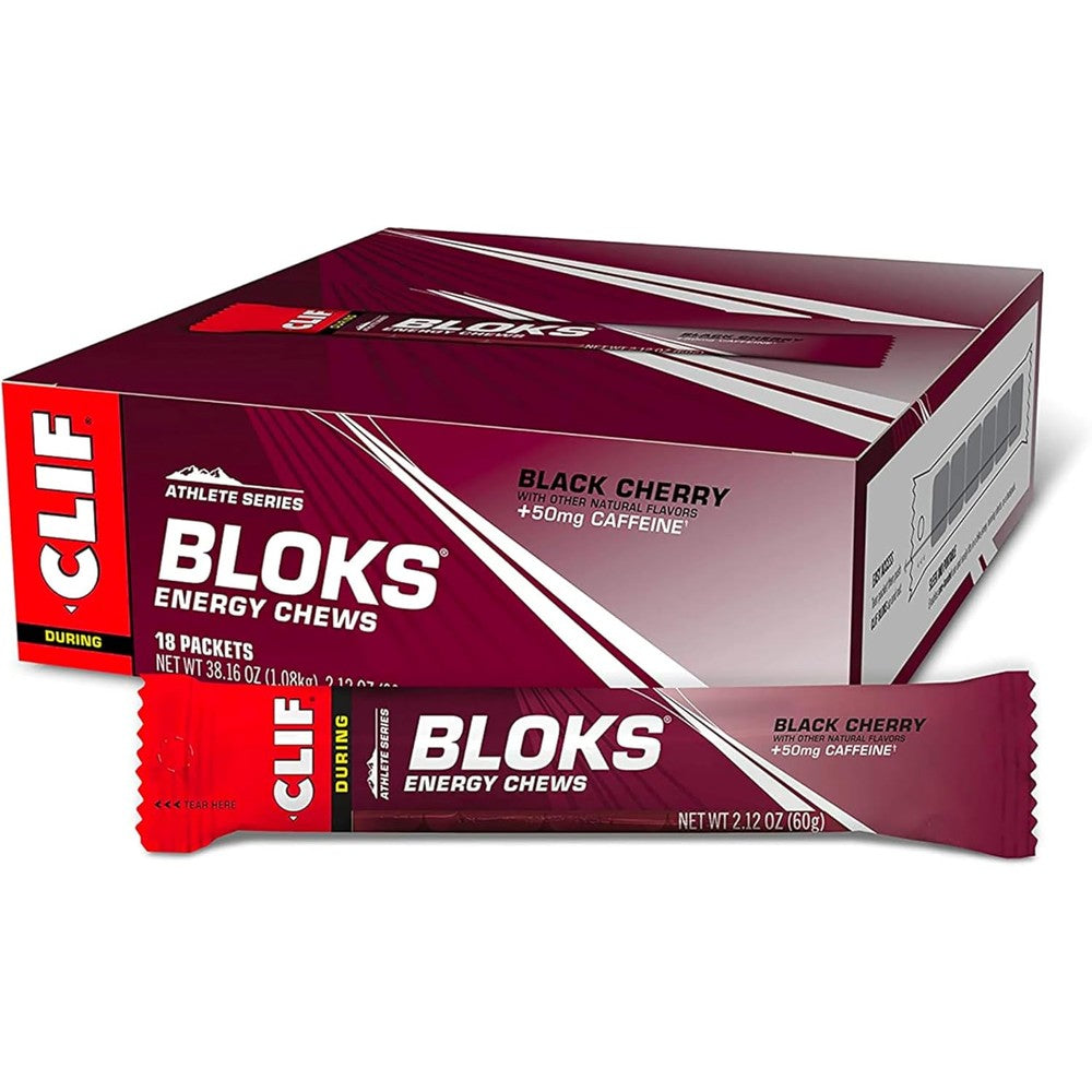 Clif Bloks Black Cherry Energy Chews 18 count box front view for endurance fueling.
