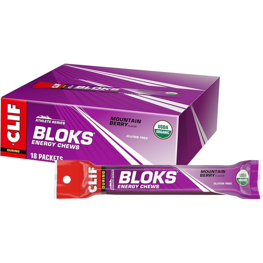 Clif Bar Bloks Mountain Berry Energy Chews front packaging view for endurance athletes.