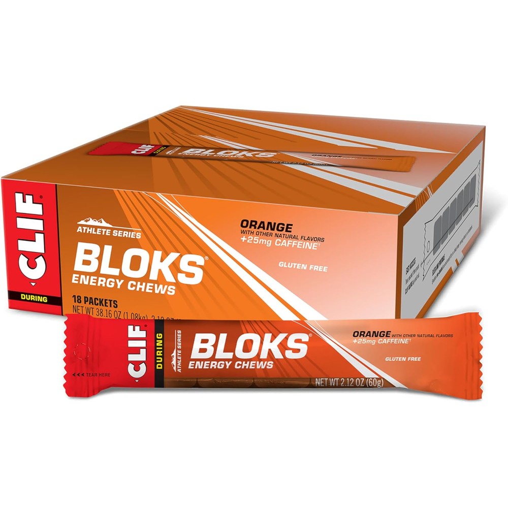 Clif Bloks Orange Flavor Energy Chews 18 Packets front packaging