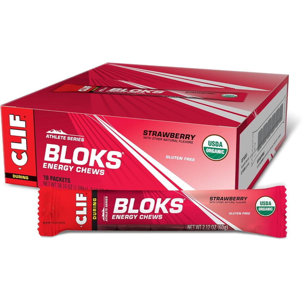 Clif Bar Bloks Strawberry Energy Chews 18 count pack front view