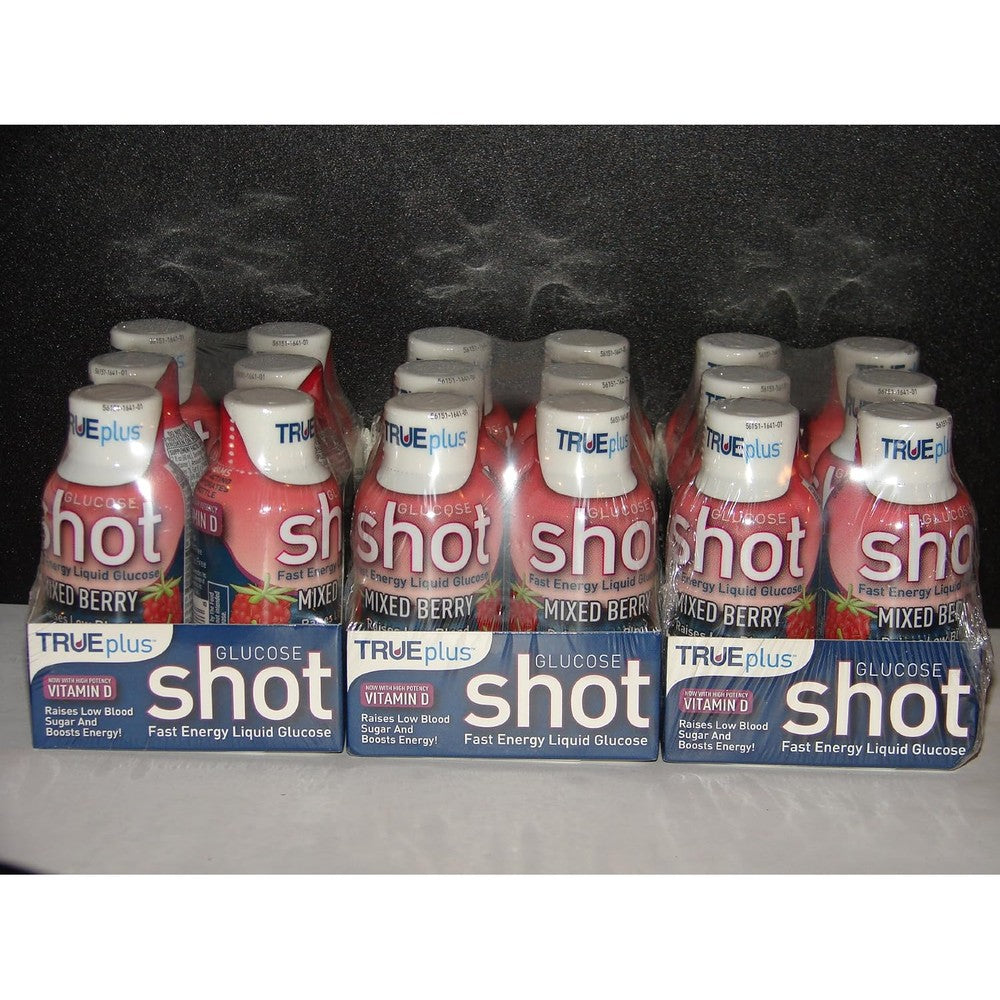 TRUEplus Glucose Liquid Shots Mixed Berry 18 Pack front view fast acting glucose management.