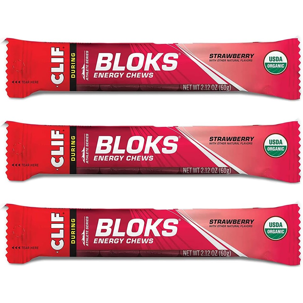 Clif Bar Shot Bloks Strawberry energy chews front packaging showing 3 pack.